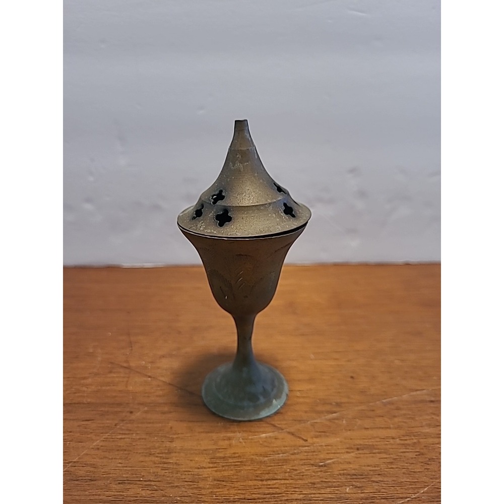 Vintage Brass Incense Burner with Lid 4.75" Pedestal Goblet Style India‎ 2 Piece